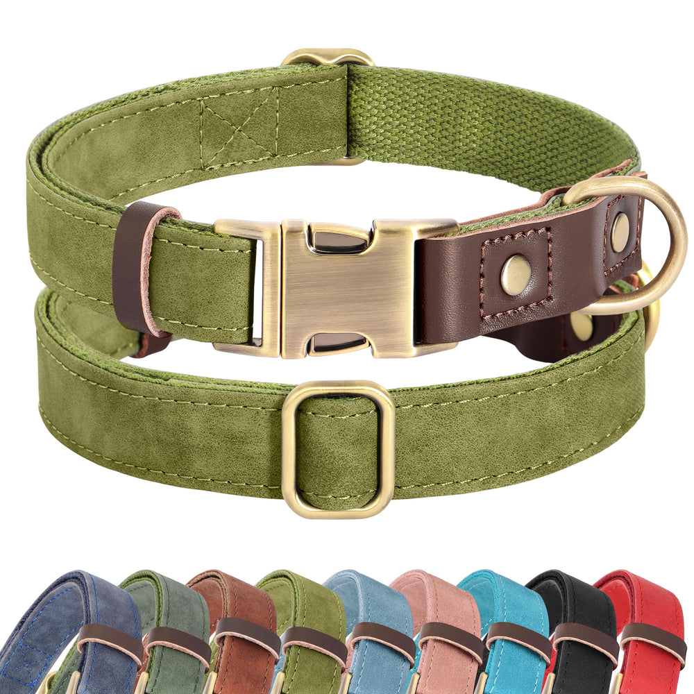 Didog Soft PU Leather Dog Collar olive green side view shows comfortable all-day wear