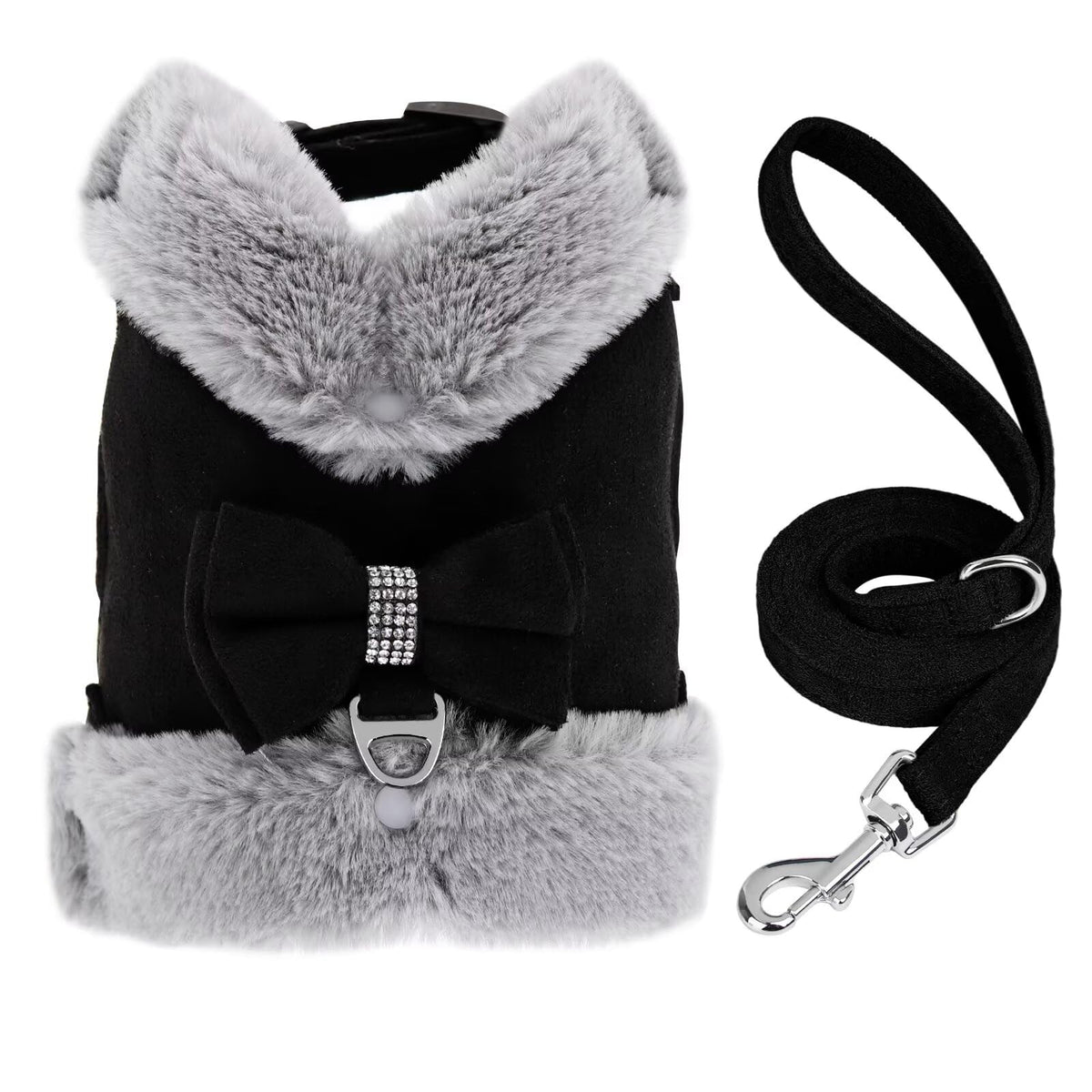 Didog winter cute dog harness with bow tie in black for small dogs, cozy everyday wear.