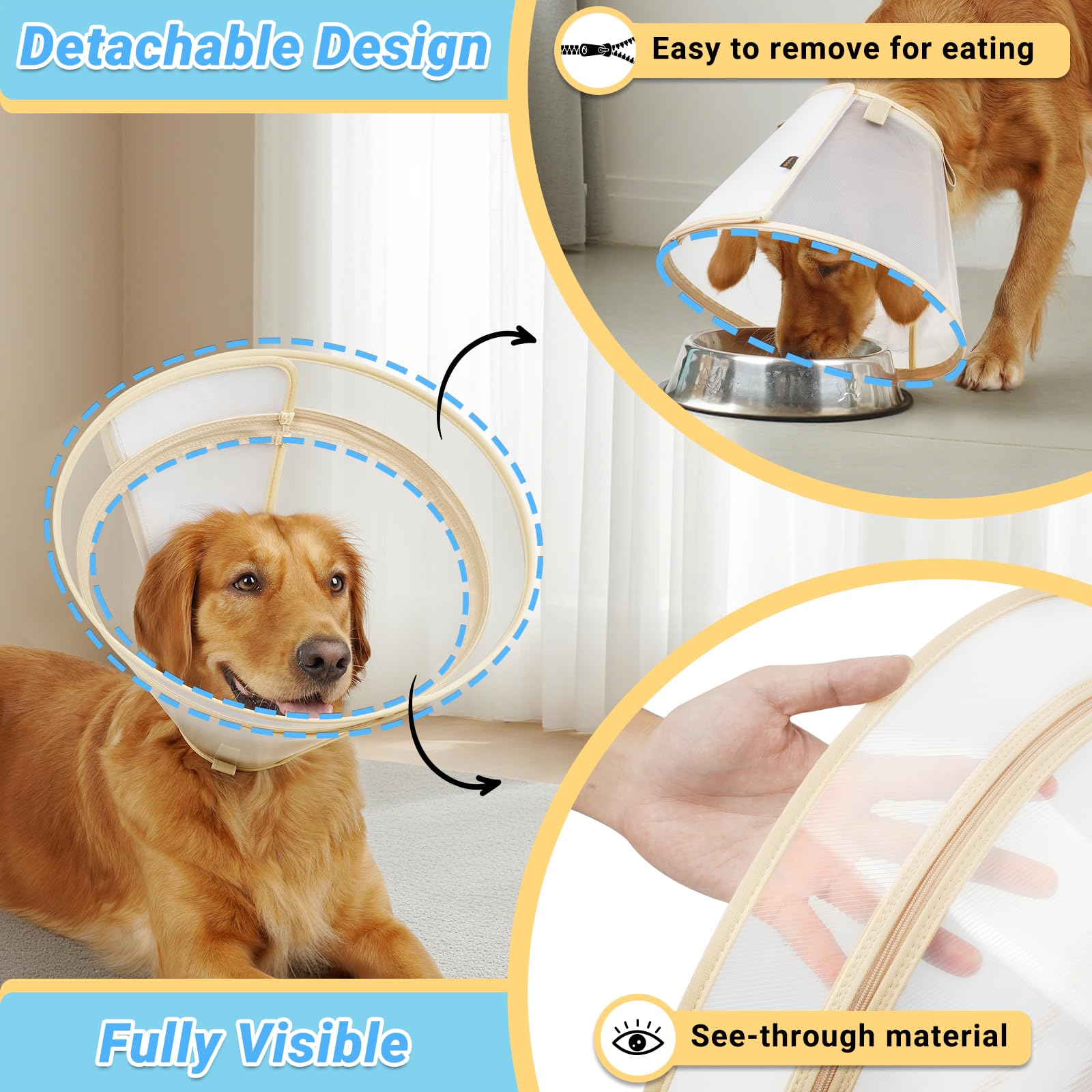 Didopet recovery collar with detachable zipper extension for a customizable length.