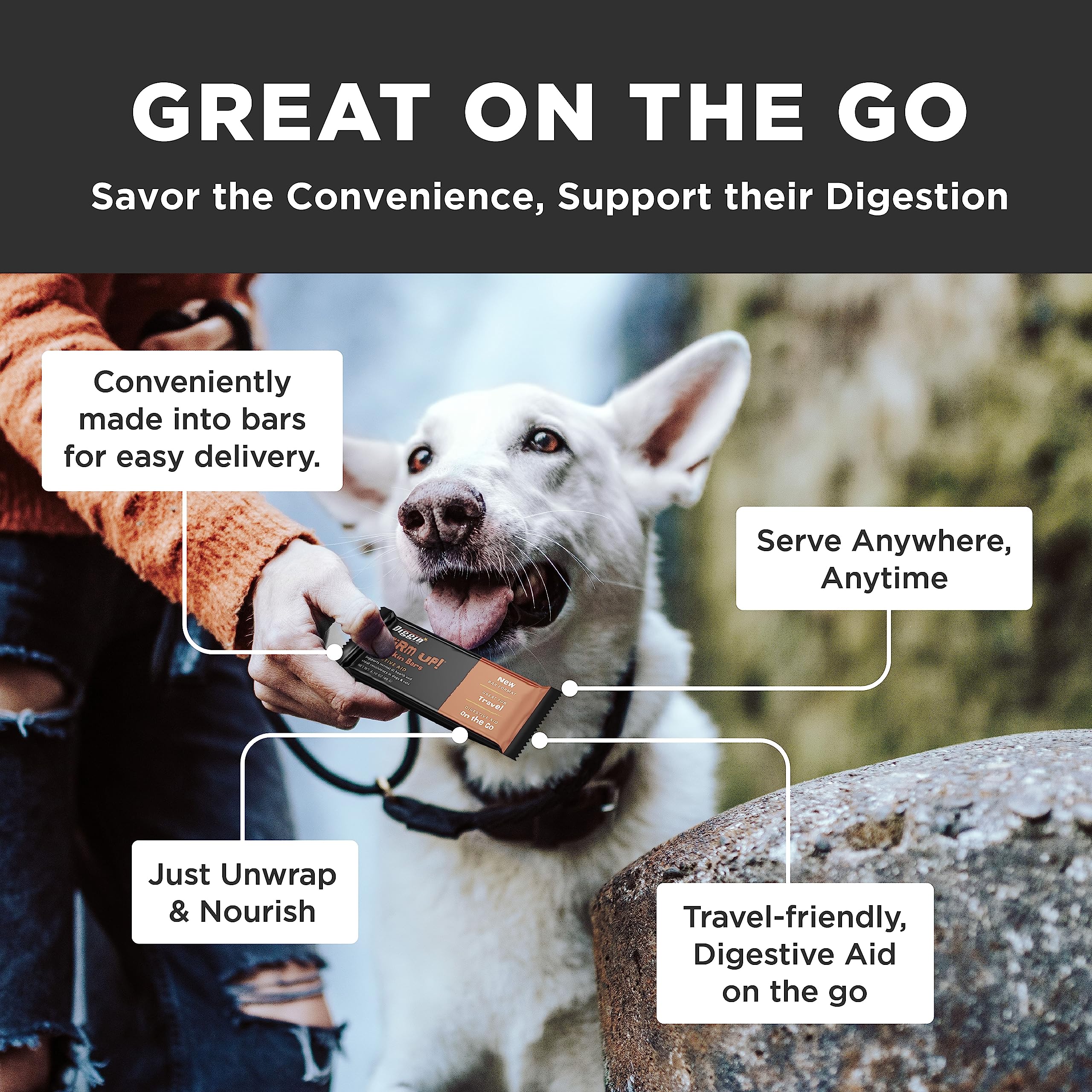Diggin' Your Dog Firm Up Bars enjoyed by a cat demonstrates palatability and fiber support.