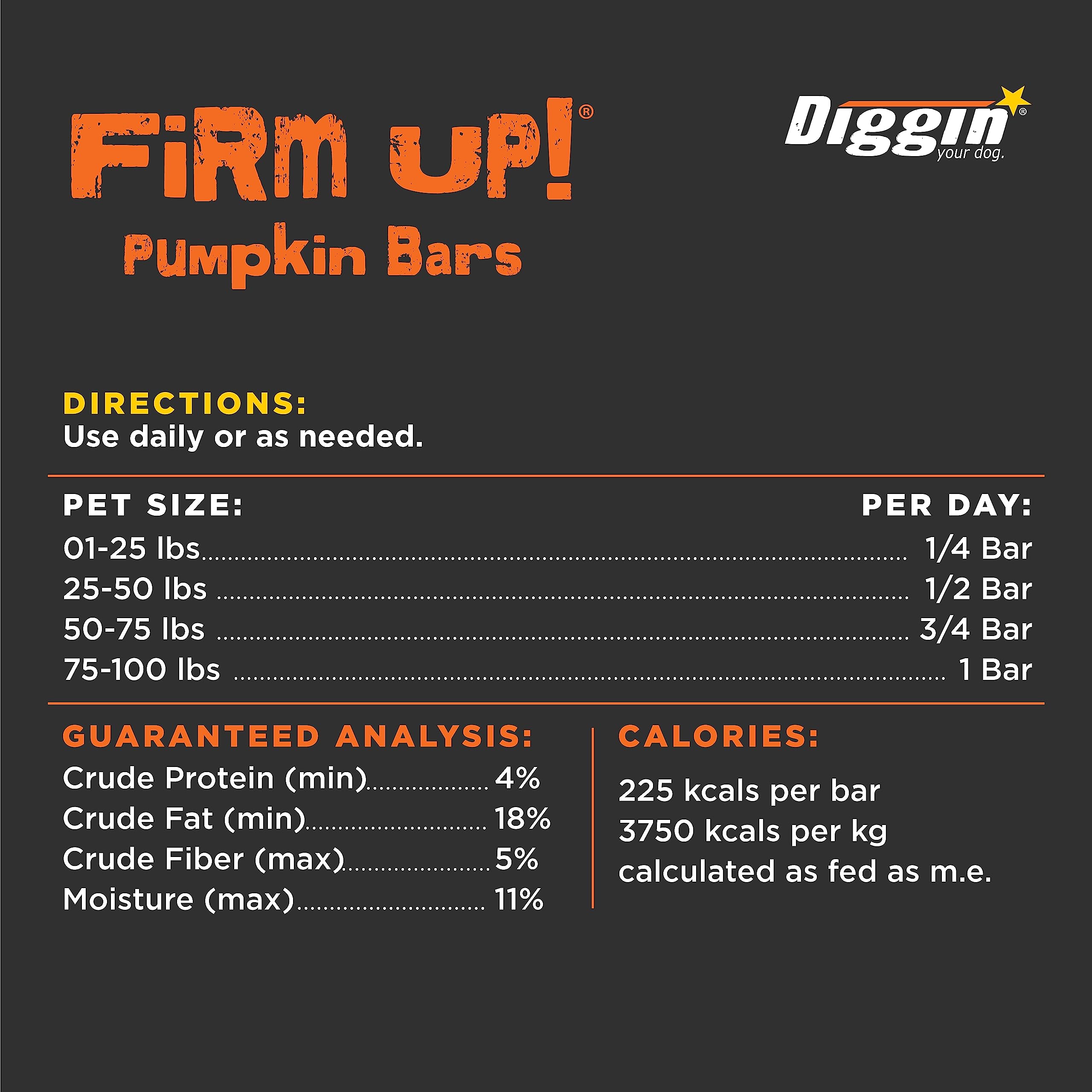 Diggin' Your Dog Firm Up Bars close-up pumpkin and apple pectin suggest gut-support fiber.