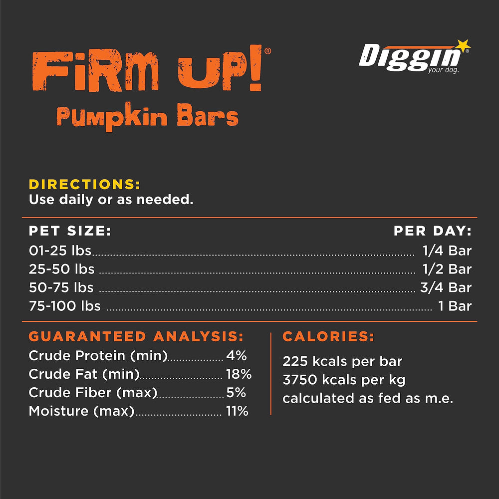 Diggin' Your Dog Firm Up Bars close-up pumpkin and apple pectin suggest gut-support fiber.