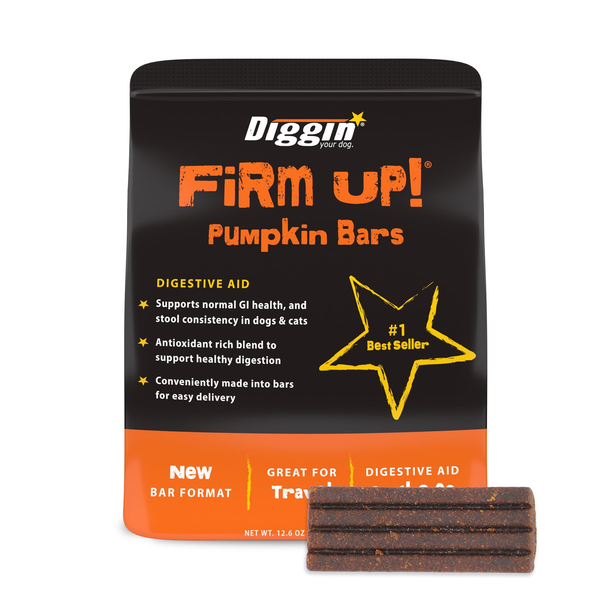 Diggin' Your Dog Firm Up Bars packaging highlights USA-made pumpkin powder for digestive support.