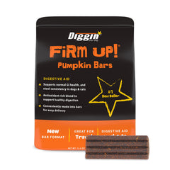 Diggin' Your Dog Firm Up Bars packaging highlights USA-made pumpkin powder for digestive support.