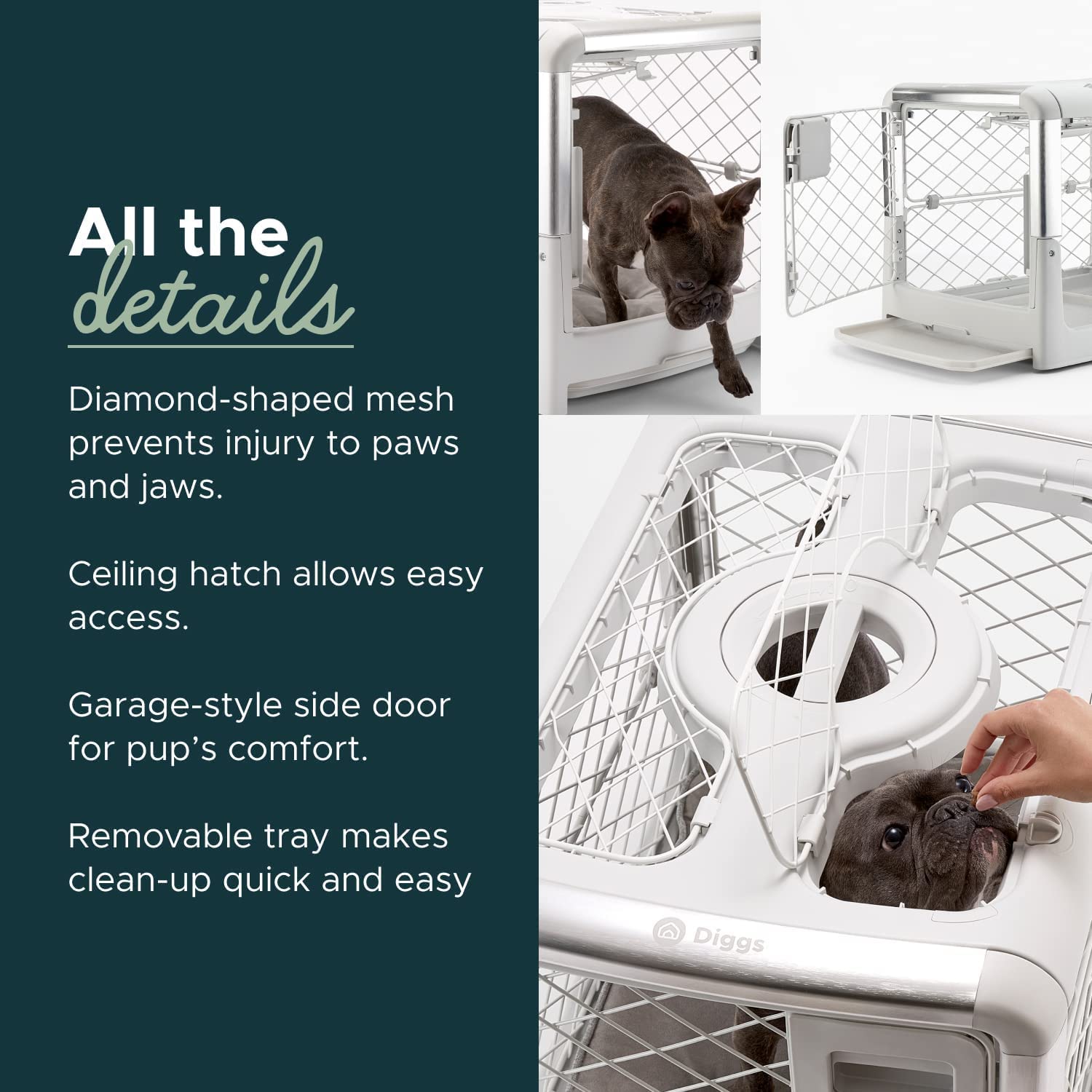 Diggs Revol ash small crate interior dimensions suit compact breeds like corgis and pugs.
