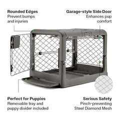 Diggs Revol crate in smoke color complements home décor while keeping pets secure.