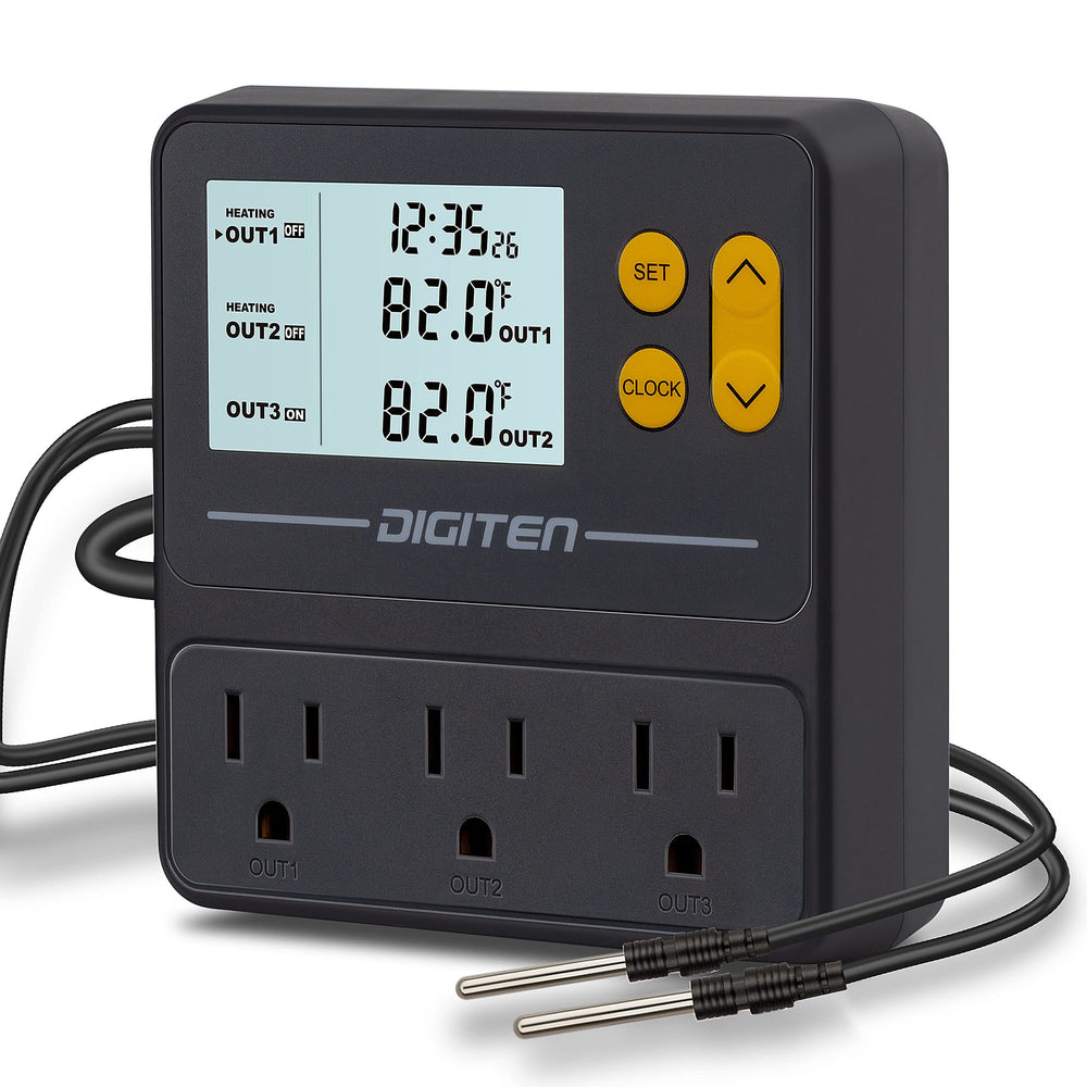 DIGITEN reptile temperature controller with outlets showing setup for precise heating control.