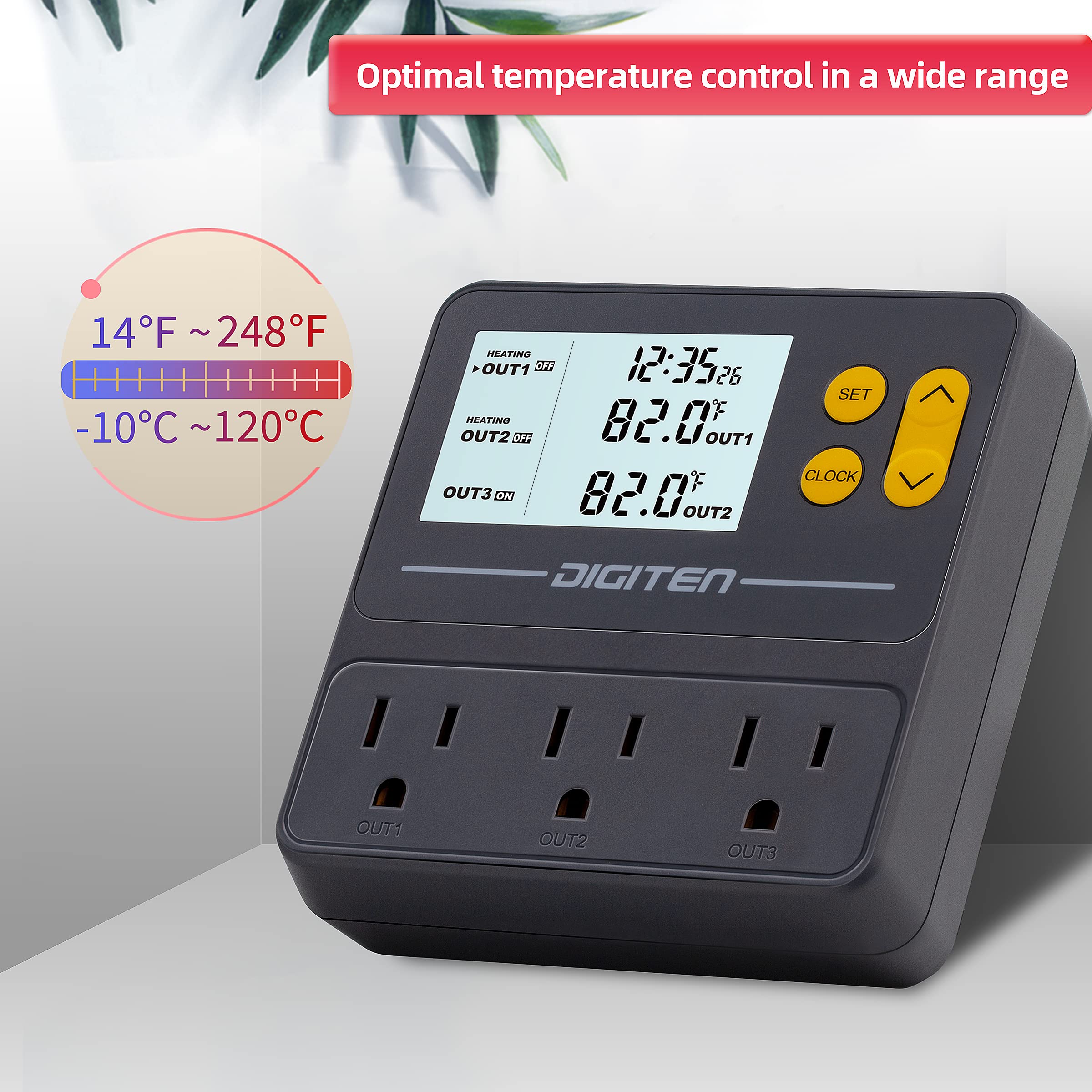 DIGITEN three-outlet thermostat enables independent day, night, and timer control.