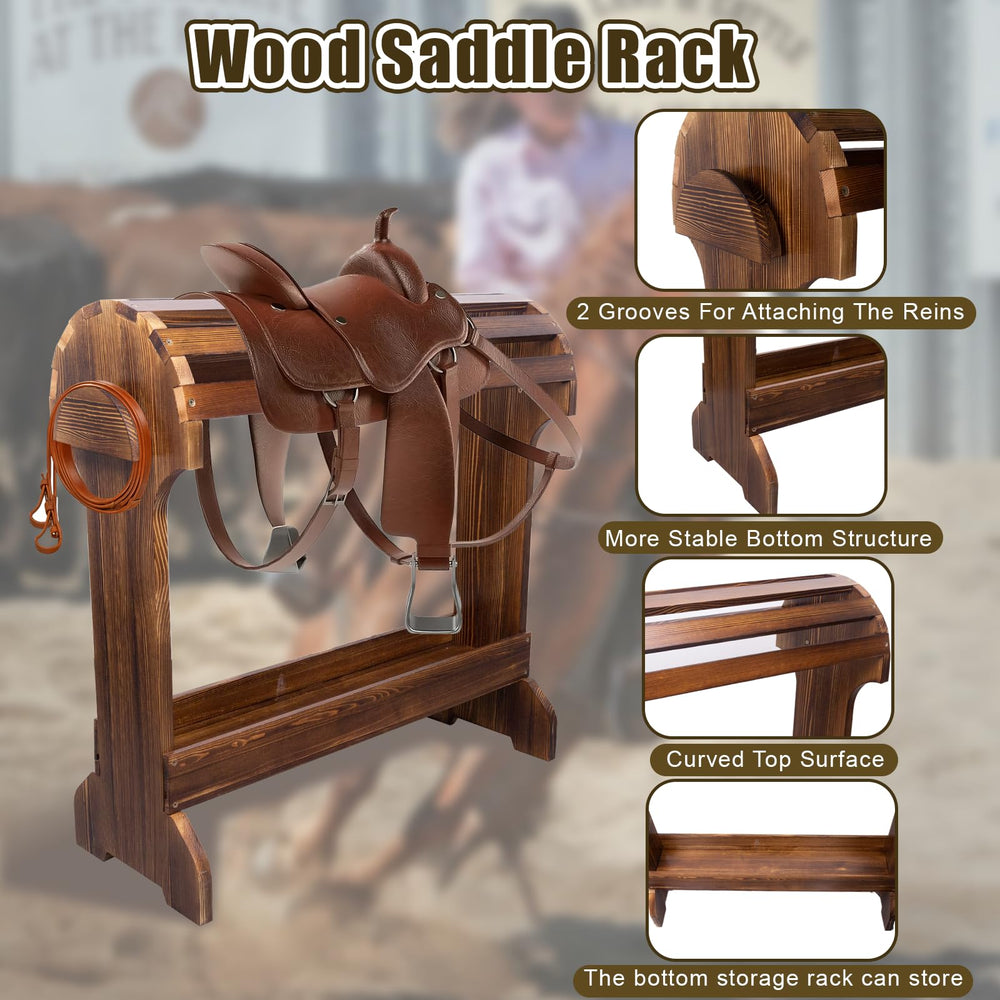 DigNew walnut-finish saddle rack blends with home décor and stables.