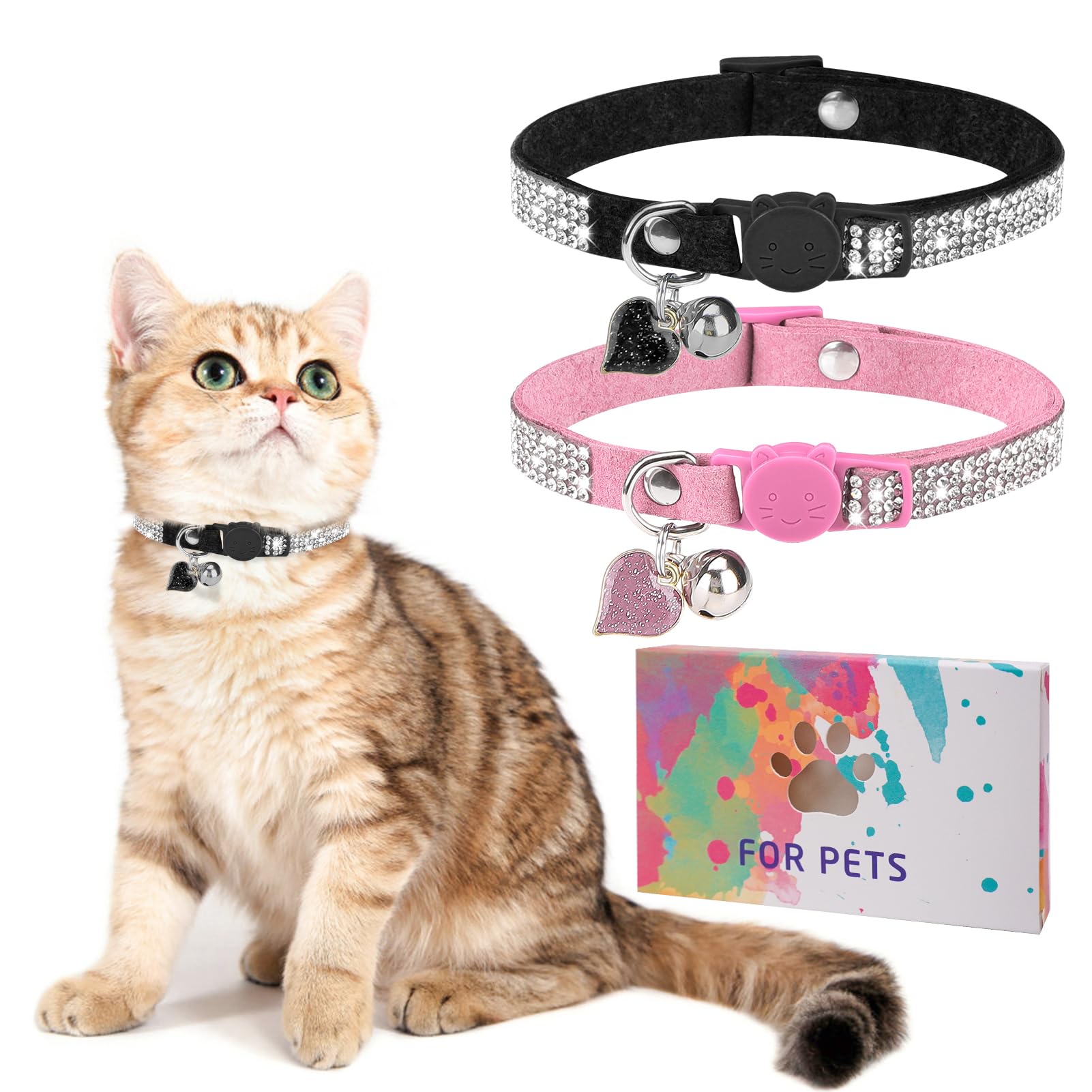 DILLYBUD rhinestone cat collar in pink with heart detail for daily wear.
