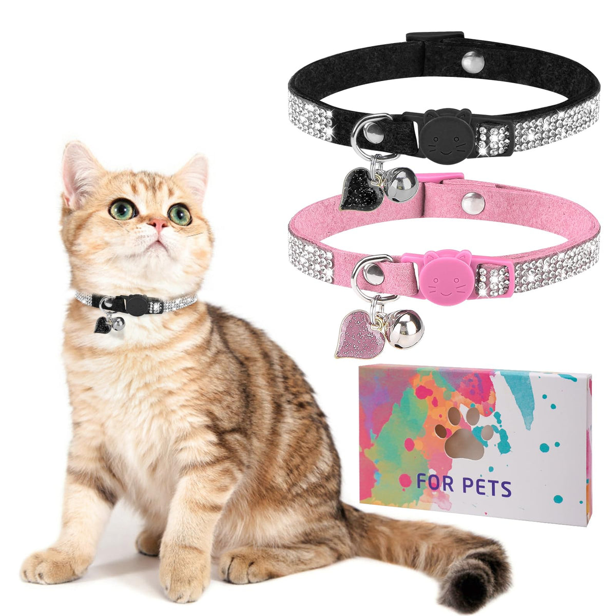 DILLYBUD rhinestone cat collar in pink with heart detail for daily wear.