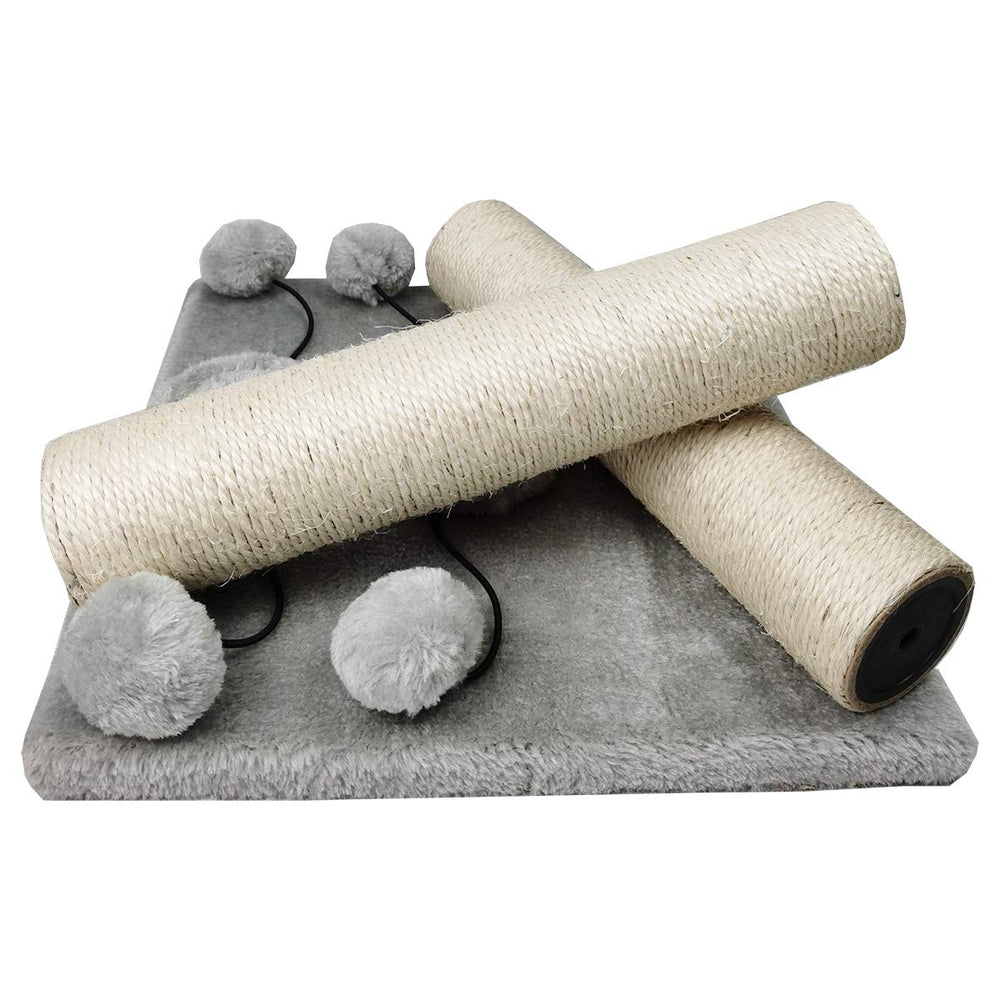 Dimaka gray scratch post blends with modern interiors while offering playful features.