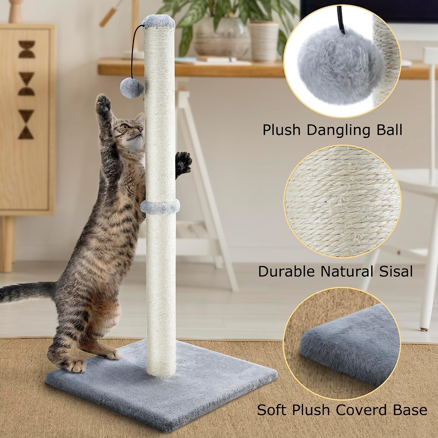 Dimaka plush-covered base tower provides soft, stable scratching surface.