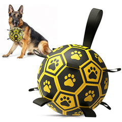 Diman soccer ball with straps shown for easy retrieval during fetch.
