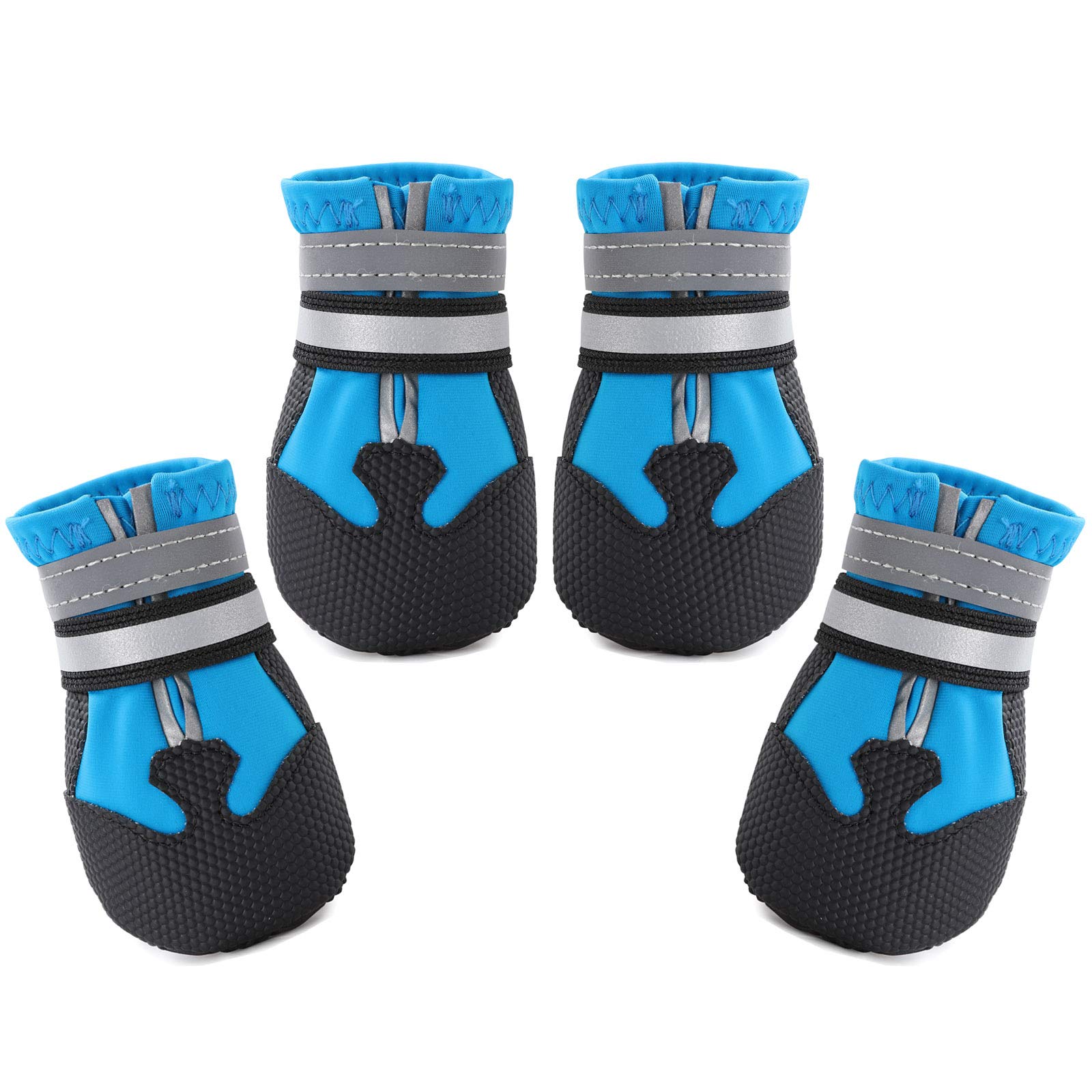 Dimicoo water-resistant dog boots on a dog, protecting paws during outdoor adventures.