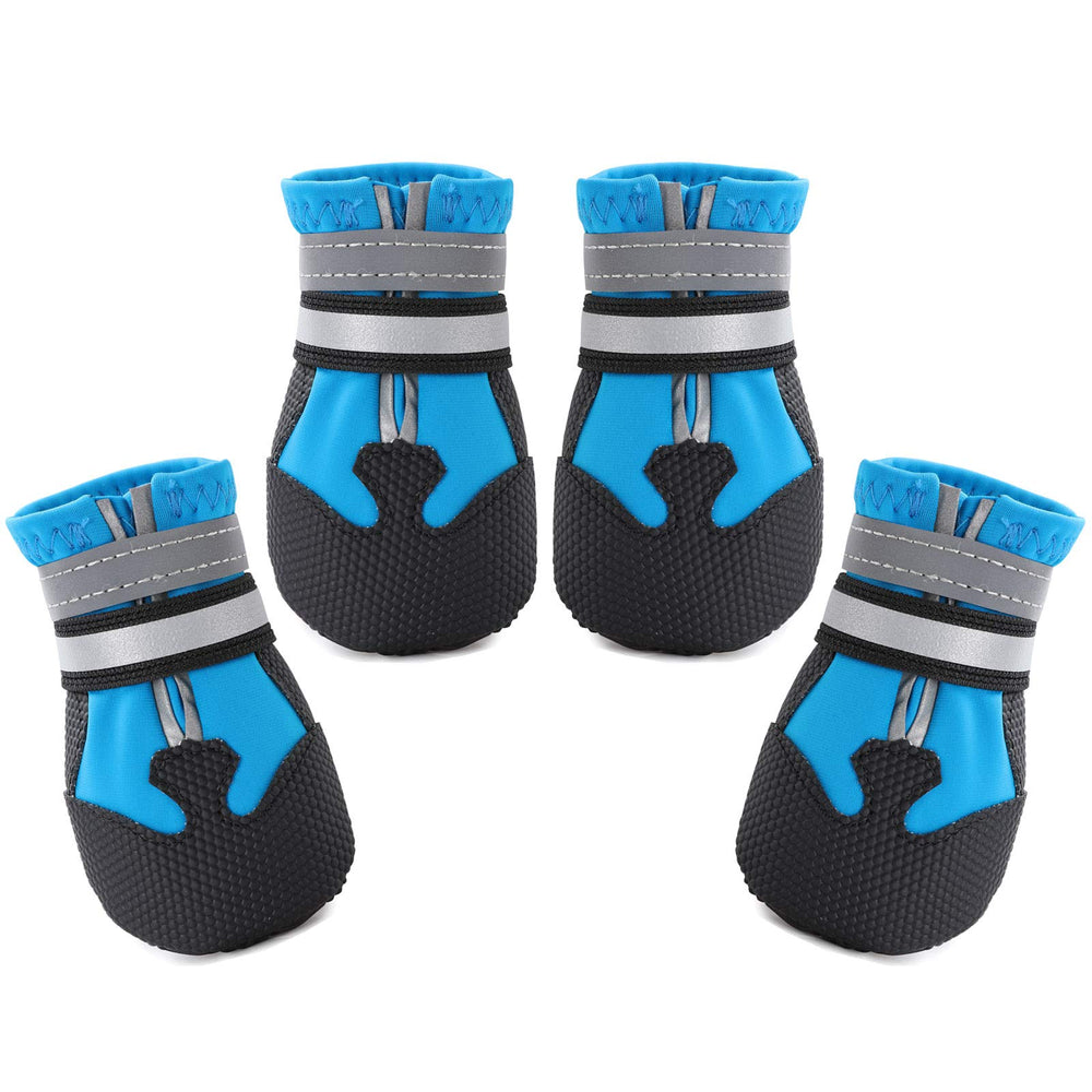 Dimicoo water-resistant dog boots on a dog, protecting paws during outdoor adventures.
