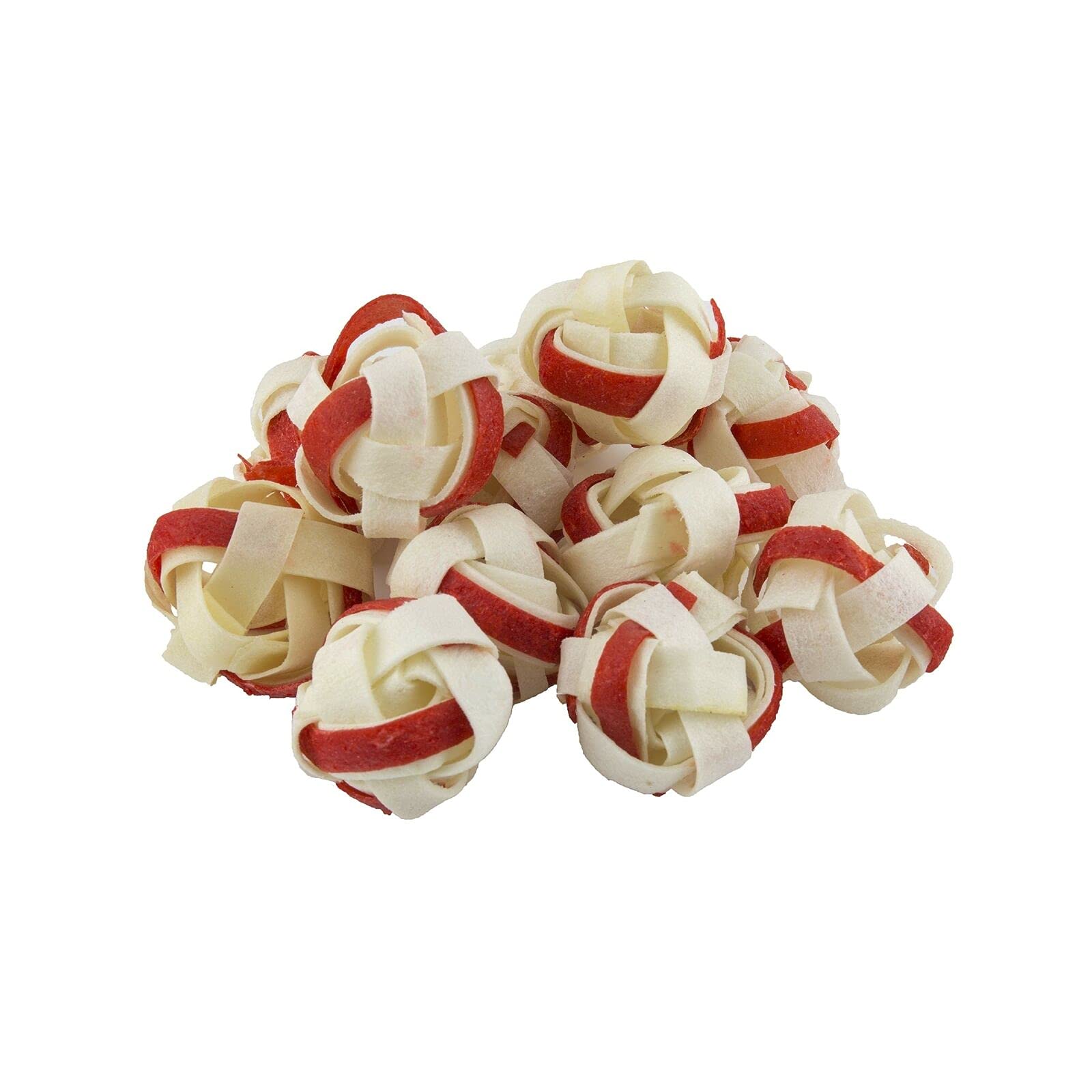 Dingo Goof Balls chew closeup highlights jerky-wrapped rawhide texture for chewing satisfaction