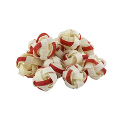 Dingo Goof Balls chew closeup highlights jerky-wrapped rawhide texture for chewing satisfaction