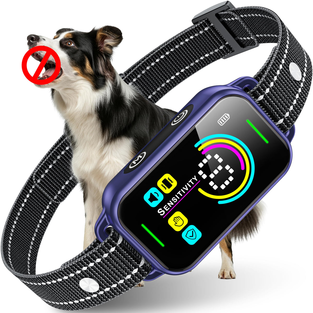 DINJOO purple bark collar front view with adjustable strap for a comfortable fit.