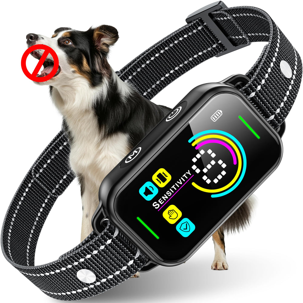 DINJOO Smart Bark Collar LED display shows battery and mode for quick setup