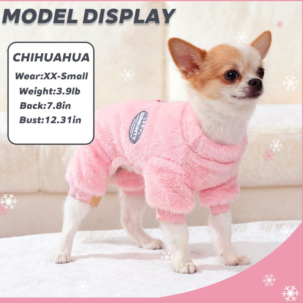 Dinkinty pink dog sweater side view shows stretchy fit for easy on/off.