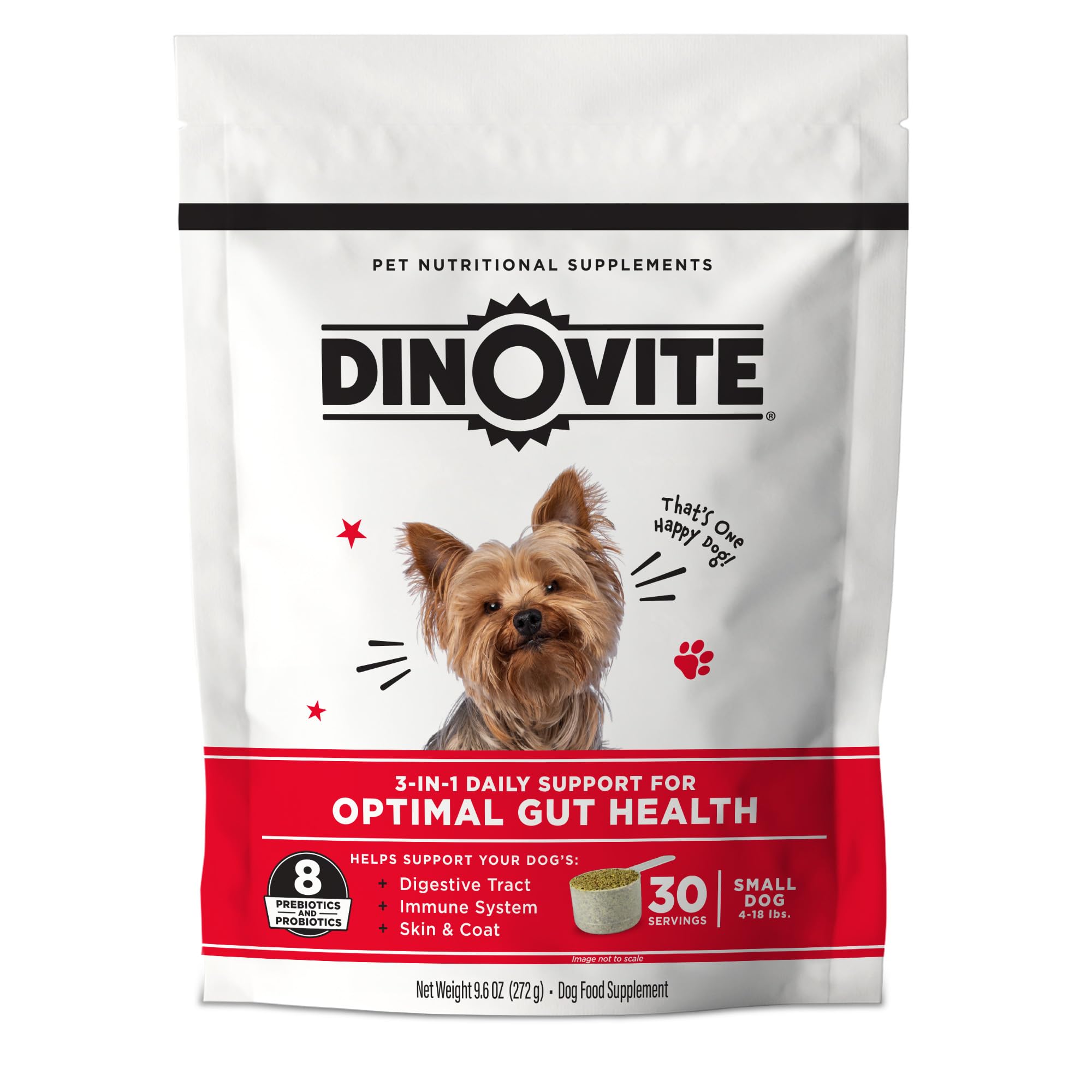 Dinovite 3 in 1 probiotic small dogs bottle pour supports digestion and gut balance.