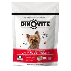Dinovite 3 in 1 probiotic small dogs bottle pour supports digestion and gut balance.