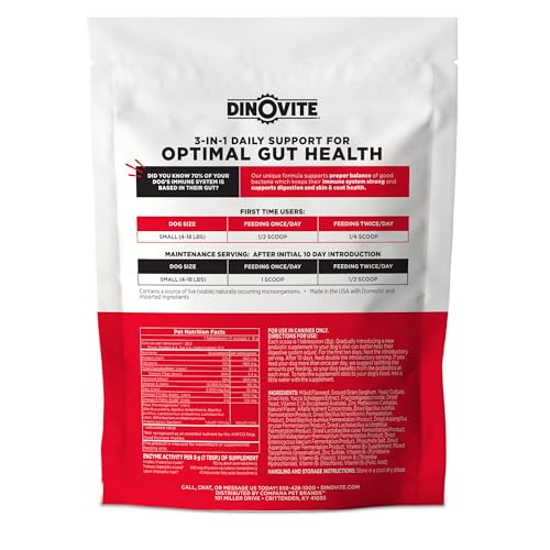 Dinovite 3 in 1 probiotic small dogs dosing spoon highlights portion control for easy servings.