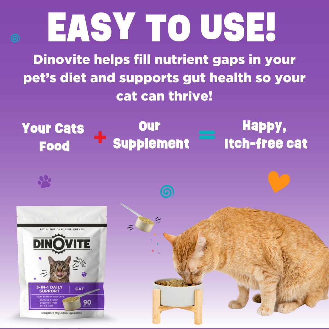 Dinovite for Cats front packaging view conveys trusted cat supplement for daily wellness.