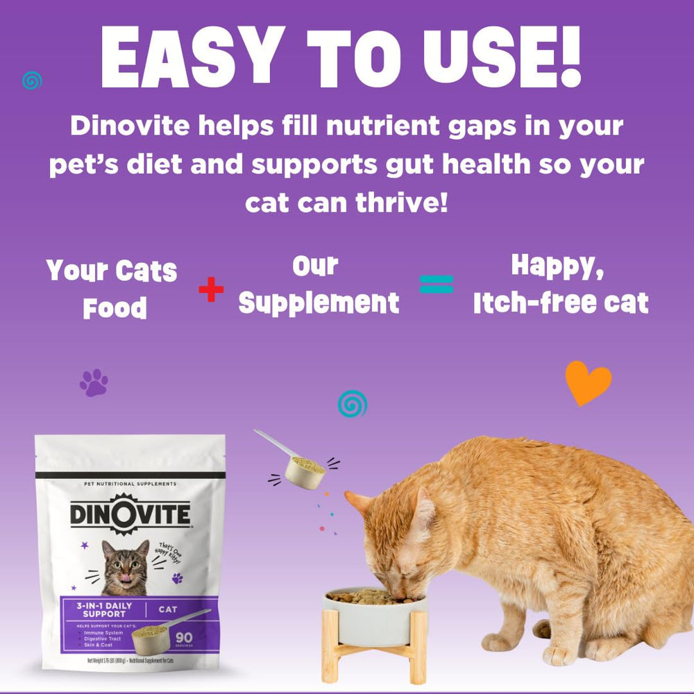Dinovite for Cats front packaging view conveys trusted cat supplement for daily wellness.