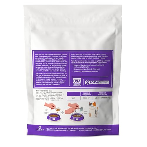 Dinovite for Cats skin-coat shine bottle highlights omega-3 and vitamins for a healthy coat.