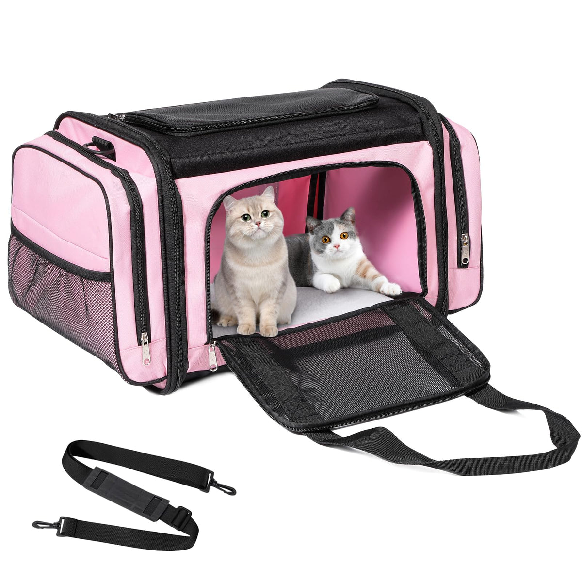 Discala cat carrier pink folded for compact storage and easy travel.