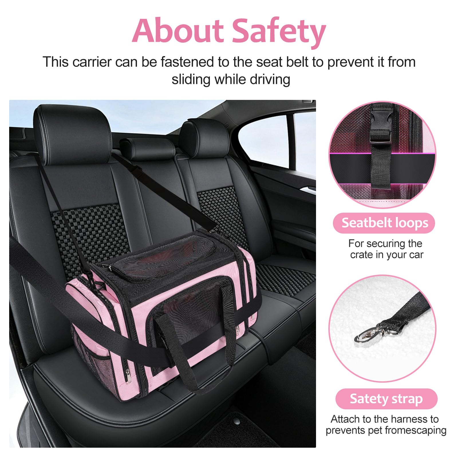 Discala cat carrier seatbelt clip shows secure travel attachment.