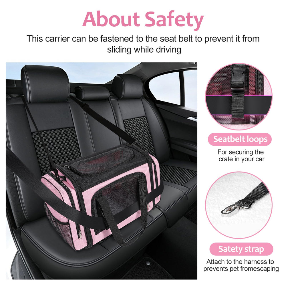 Discala cat carrier seatbelt clip shows secure travel attachment.