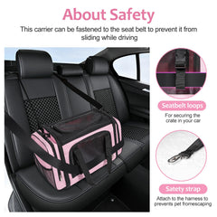 Discala cat carrier seatbelt clip shows secure travel attachment.