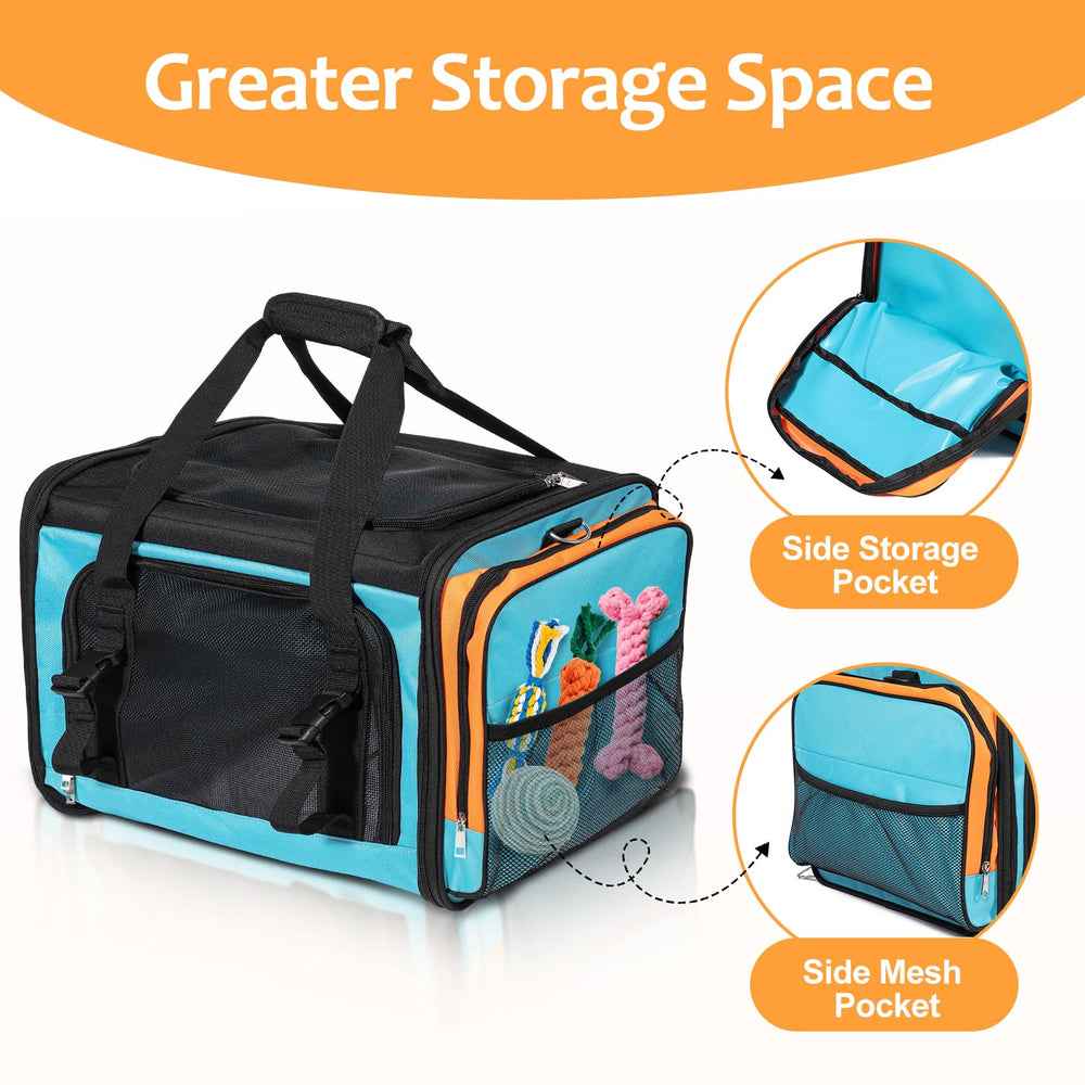 Discala pockets and storage on the carrier for treats and supplies