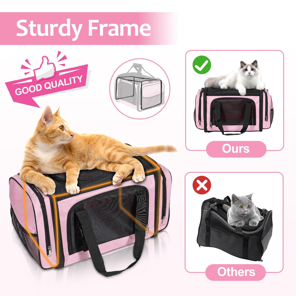Discala pink soft-pet-carrier storage pockets for accessories.
