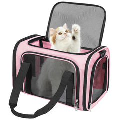 Discala pink under-seat cat dog carrier fits many airlines.
