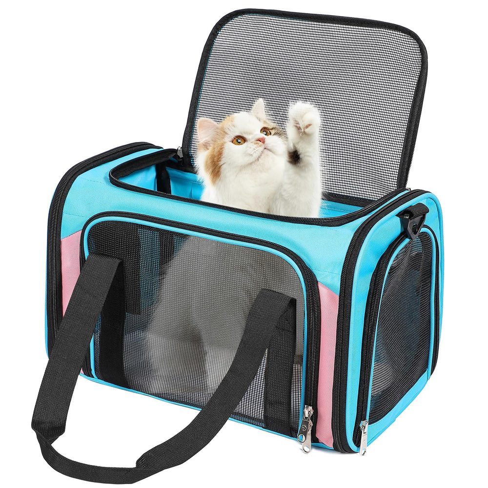 Discala transportín para mascotas 15 libras, azul y rosa: viaje cómodo bajo asiento.