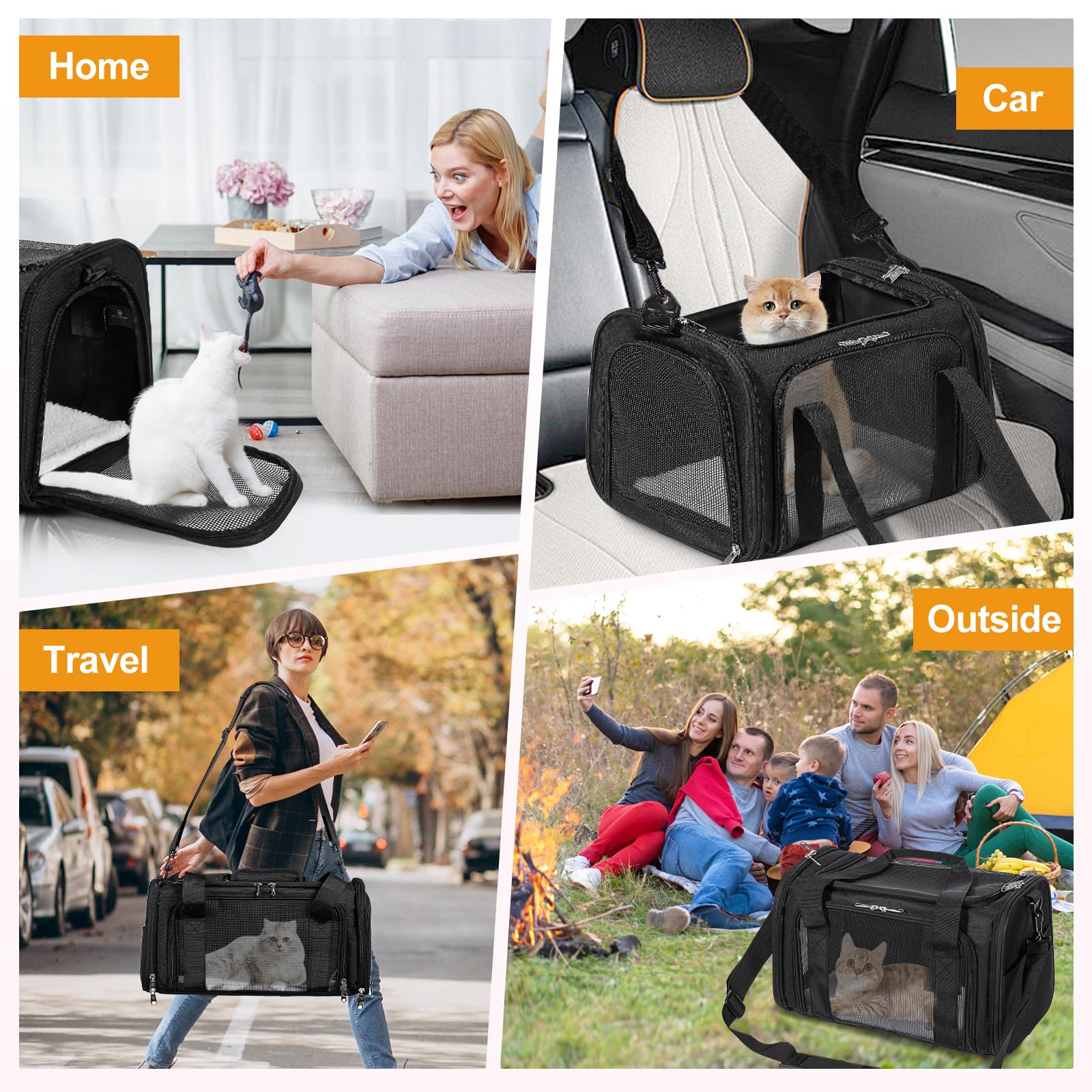 Discala side pocket holds toys or snacks for pets on trips.