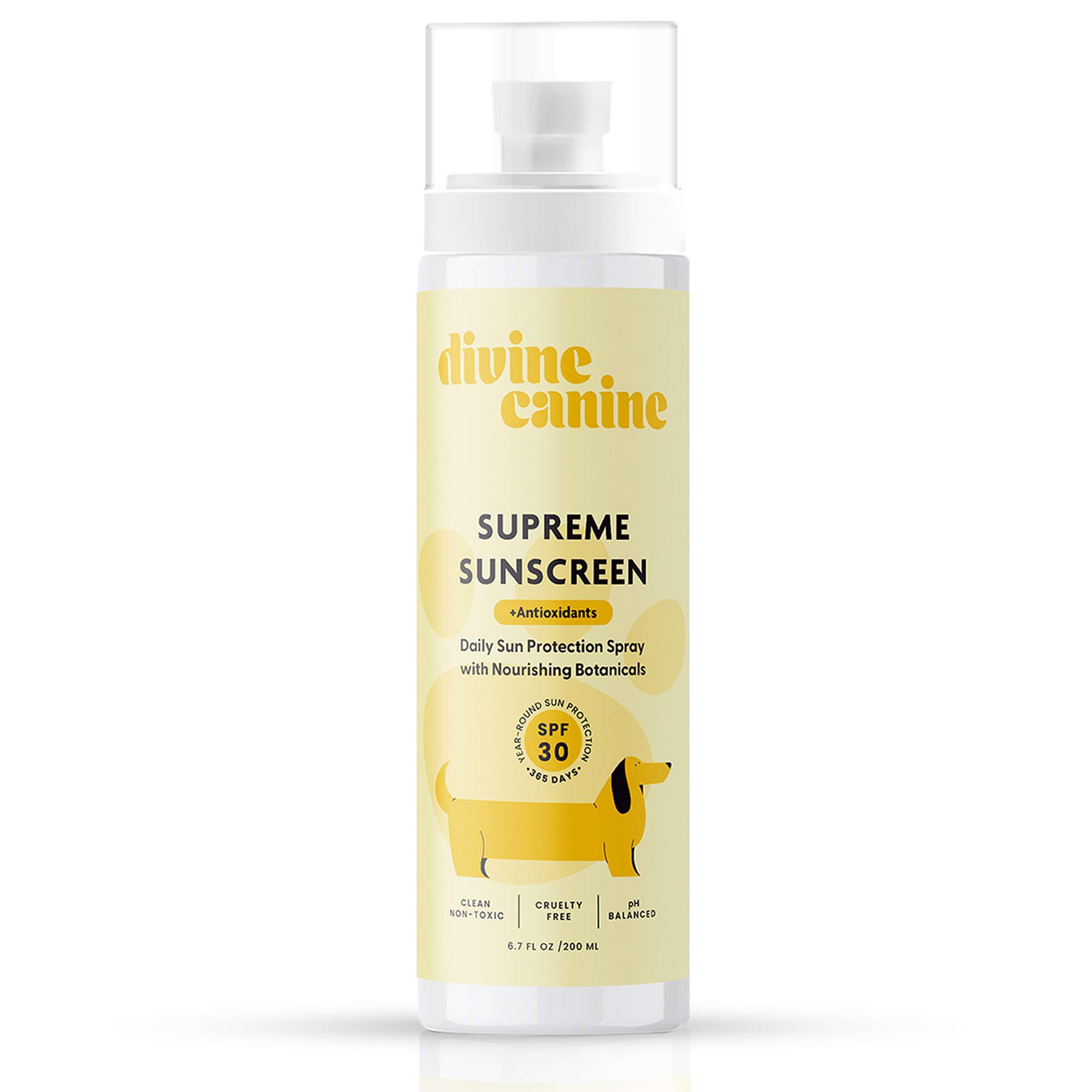 Divine Canine sunscreen bottle with SPF 30 delivers broad spectrum protection for dogs.