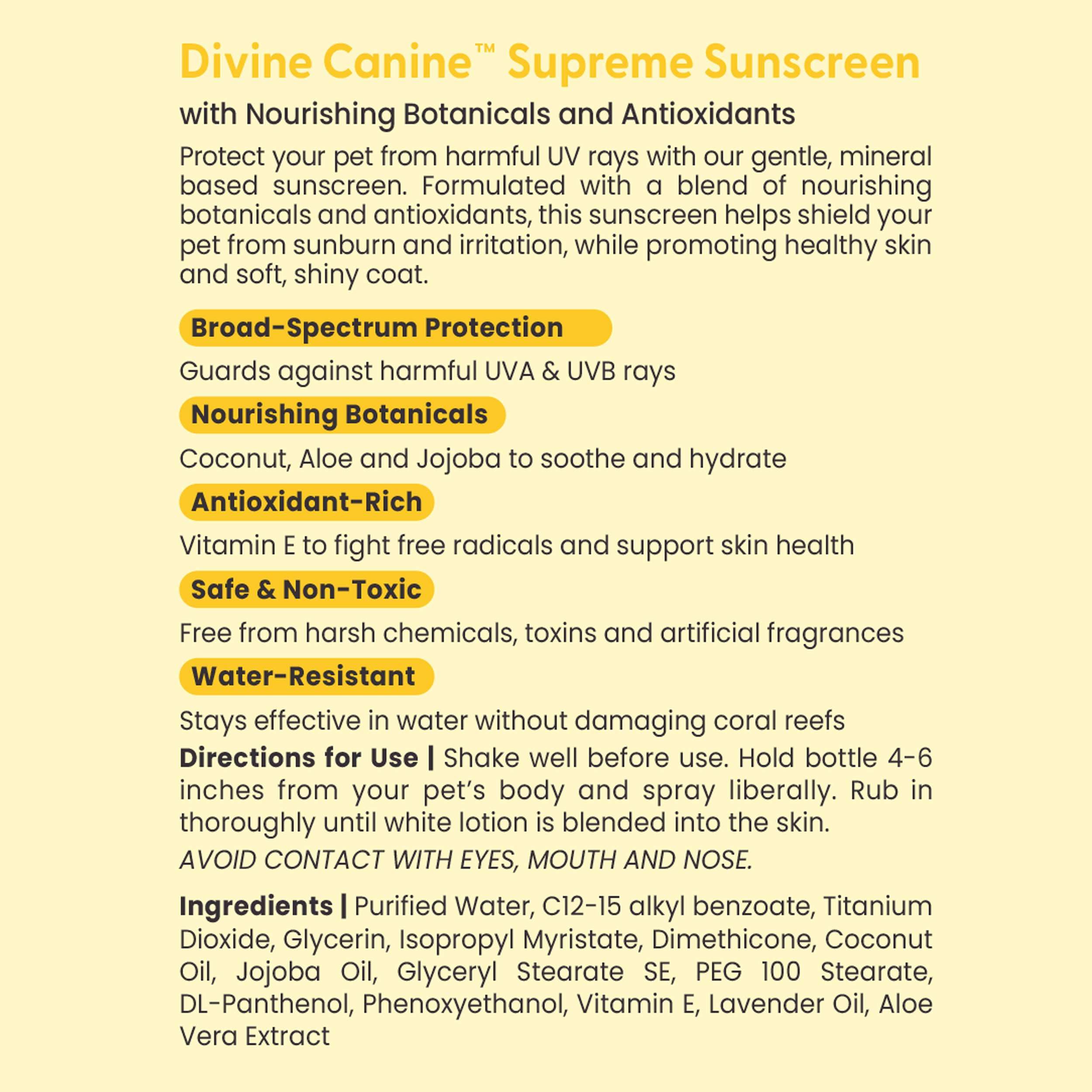 Divine Canine water-resistant formula protects pups during play near water.