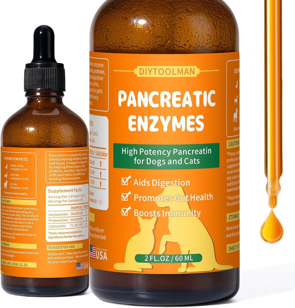 Diytoolsman pancreatic enzymes for dogs bottle image shows enzyme rich liquid for digestion support