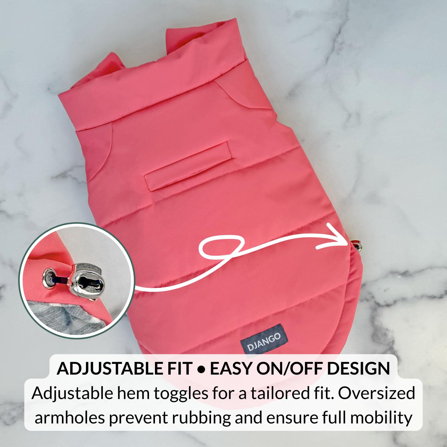 DJANGO Puffer Dog Coat adjustable fit with elastic drawstrings for comfort