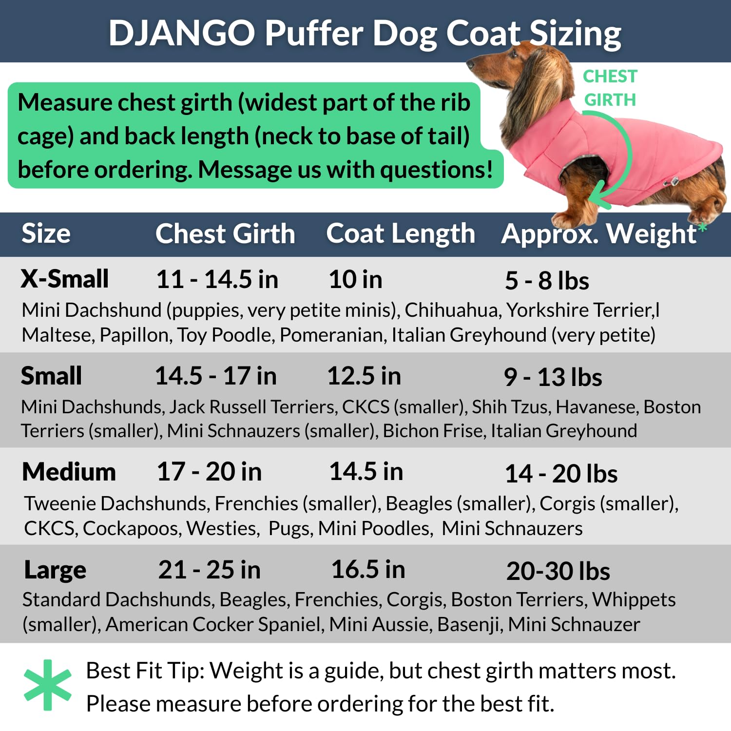 DJANGO Puffer Dog Coat suited for small breeds like dachshunds and chihuahuas