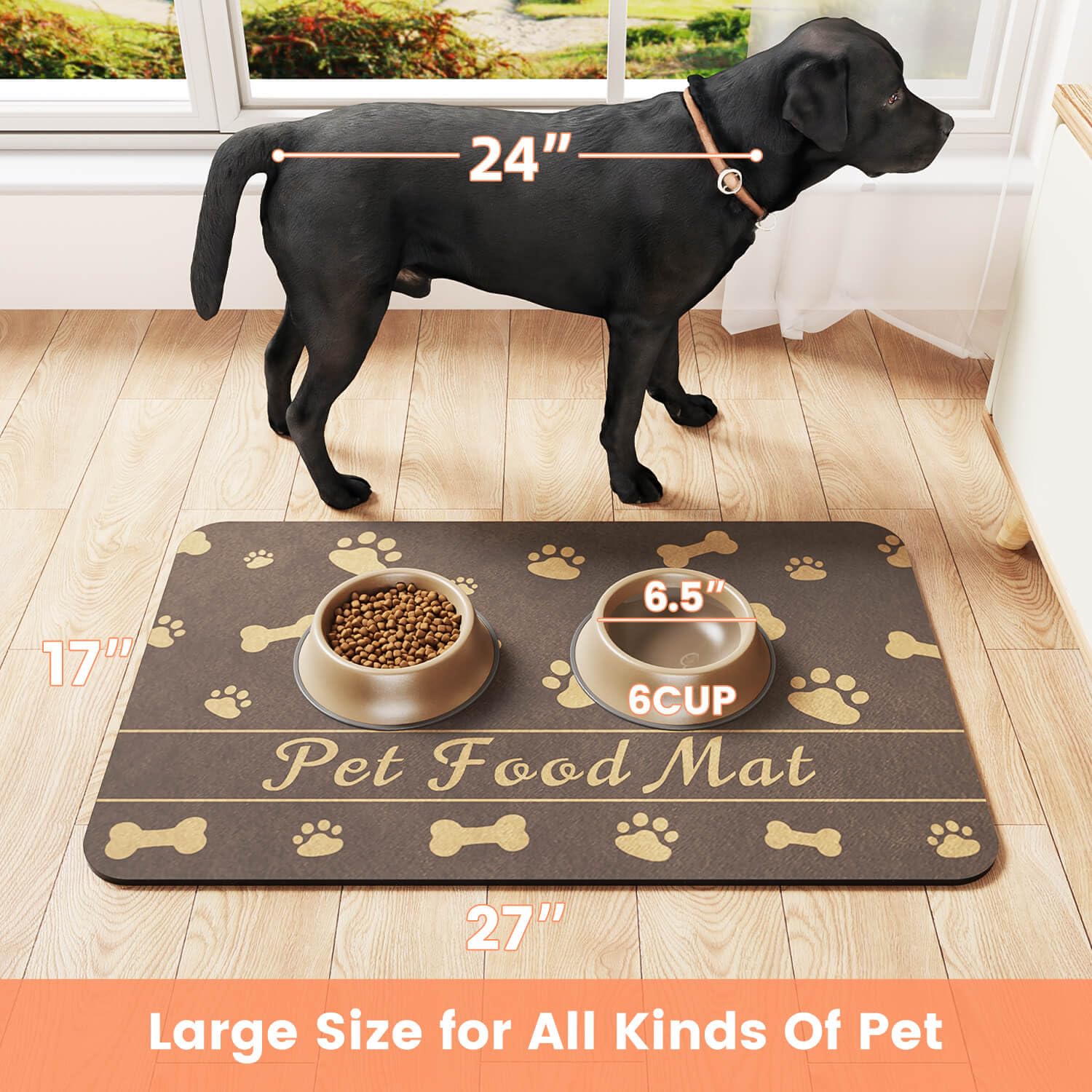 DK177 Pet Feeding Mat under dog bowls helps keep the area mess-free.