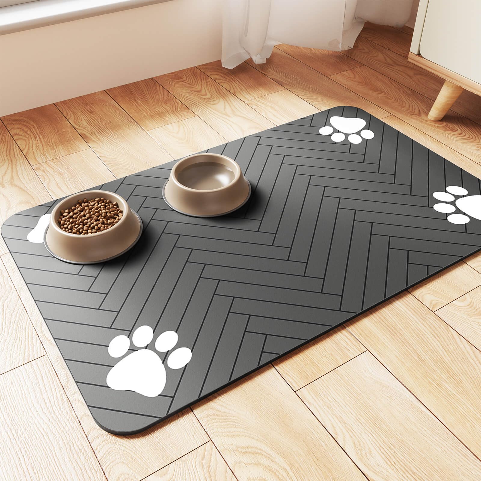DK177 pet feeding mat absorbs spills during meals on striped dark gray surface.