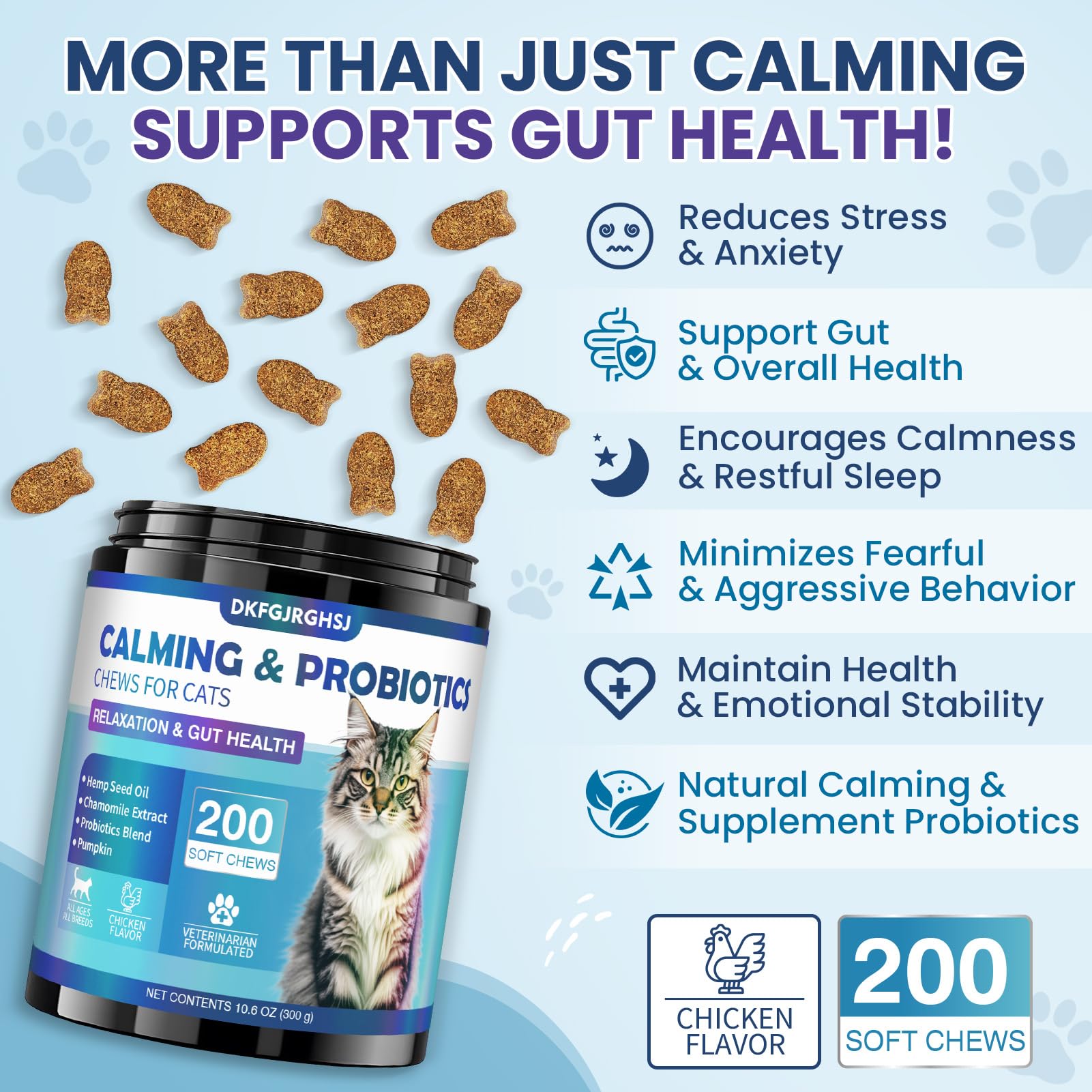Close-up of DKFGJRGHSJ Cat Calming Treats chicken-flavored chews for picky cats