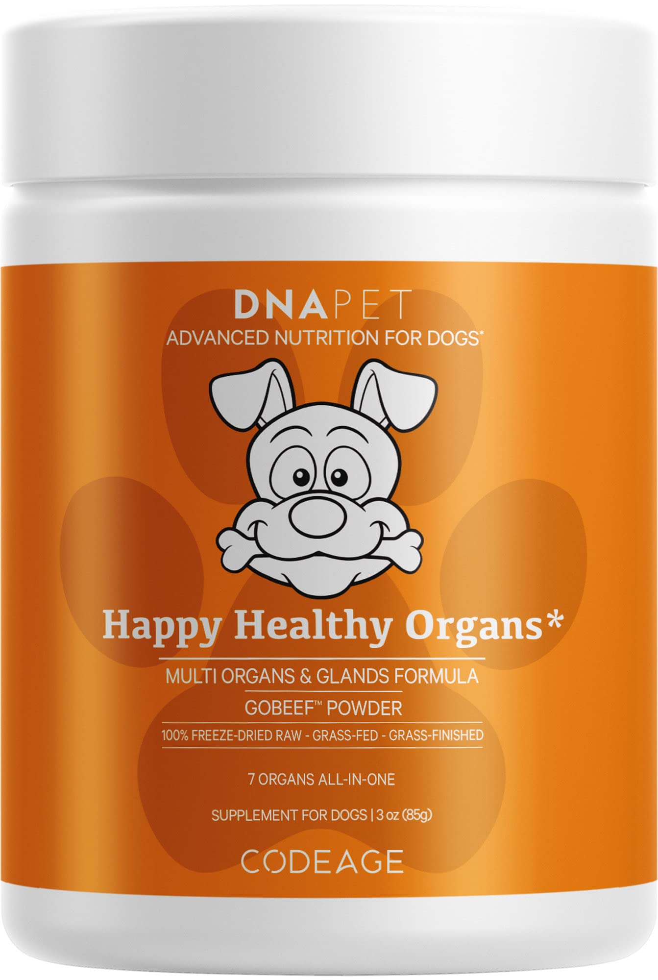 DNA PET Happy Healthy Organs bottle shows the multi-organ blend for dogs.