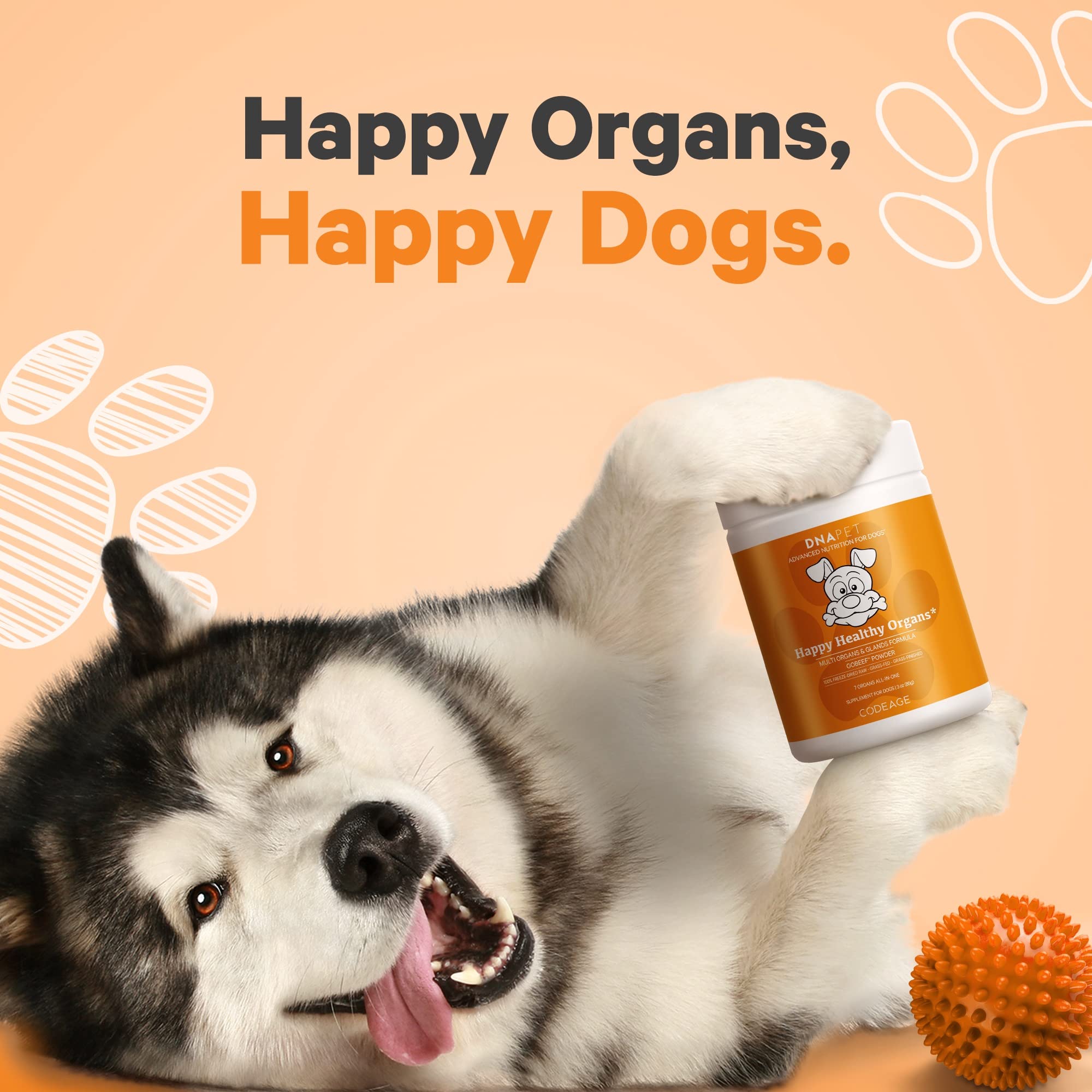 DNA PET Happy Healthy Organs USA-made label emphasizes non-GMO and hormone-free.